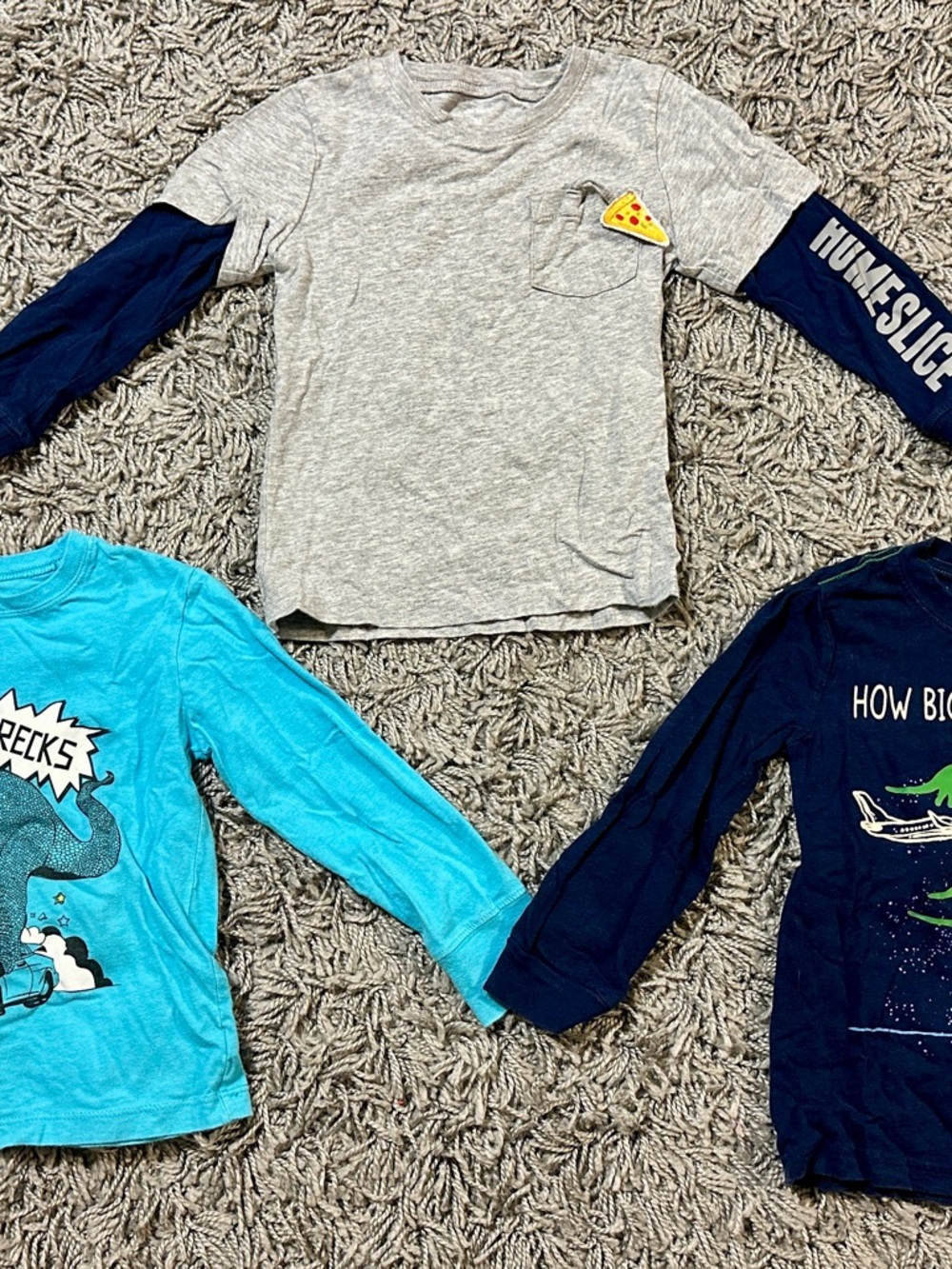 Carter's Grey Long-Sleeve Layered Tee with Navy Sleeves and Pizza Patch